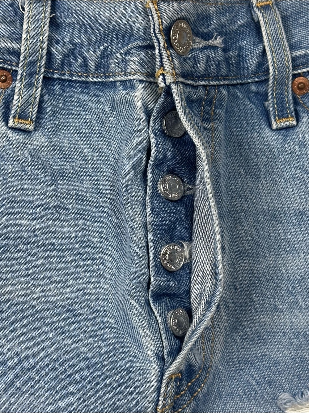 Levi's 501 Light Blue Distressed Denim Jean Shorts - Picture 5 of 9